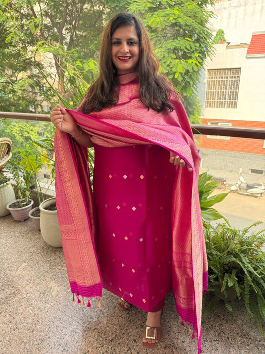 Barbie Pink Shade kora silk certified handloom banarsi kadwa booti with Brocade dupatta