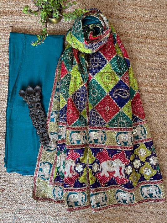 PEACOCK BLUE SOLID MODAL SILK KURTA WITH VINTAGE HANDCRAFTED HEAVY EMBROIDERY GEORGETTE DUPATTA VKS-6