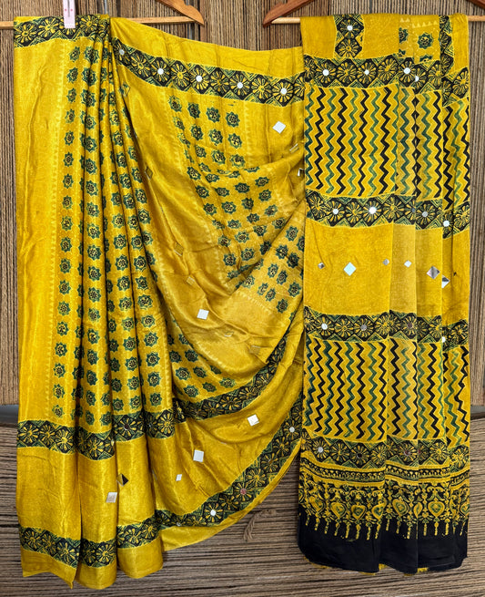 MUSTARD YELLOW AJRAKH HANDCRAFTED  MIRROR WORK MODAL SILK SARI