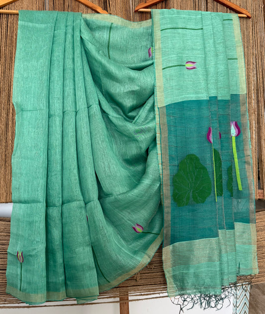 JUNGLE GREEN COPPER TISSUE LINEN JAMDANI HANDWOVEN SARI WITH ELEGANT WOVEN MOTIFS