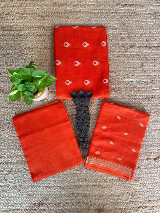 Bright Orange Chanderi handloom  banarsi booti three piece suit
