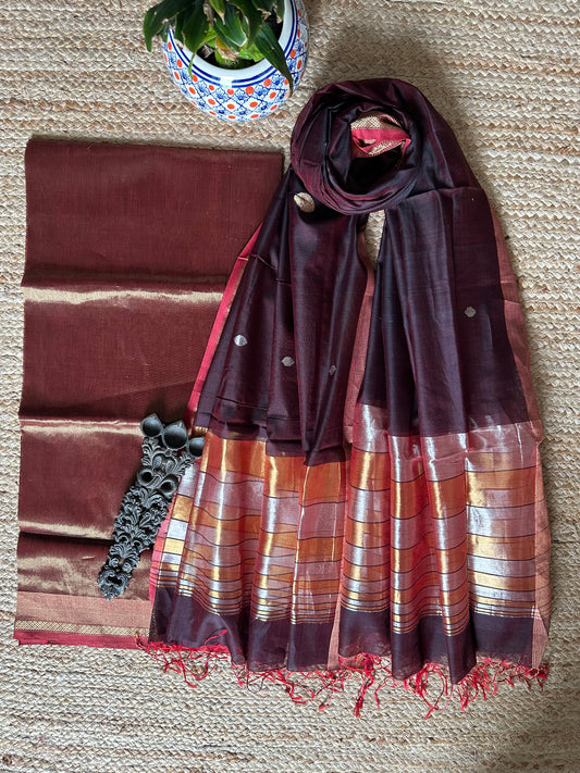DARK MAROON SILVER GOLDEN  TISSUE  MAHESHARI SILK HANDLOOM KURTA SET