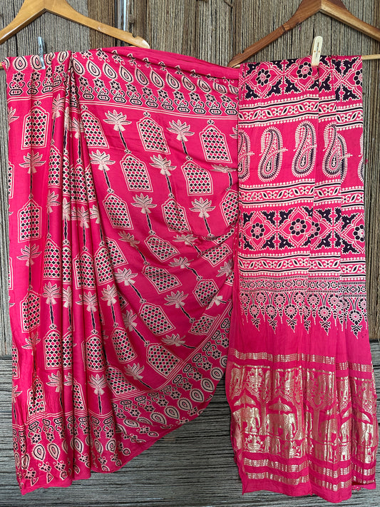 CANDY PINK  AJRAKH PRINT  MODAL SILK SARI WITH ZARI BORDER