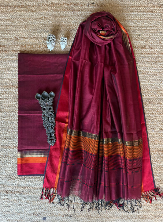 MAROON MAHESHARI BORDER SILK HANDLOOM KURTA SET