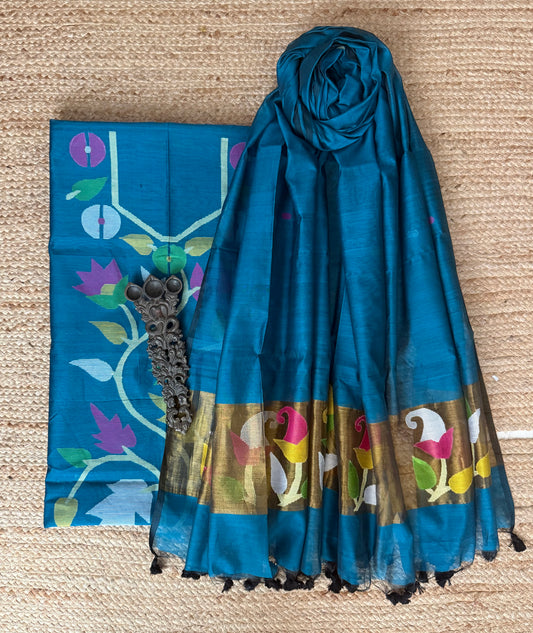 Peacock Blue handwoven jamdani pure cotton silk kurta set mjk-