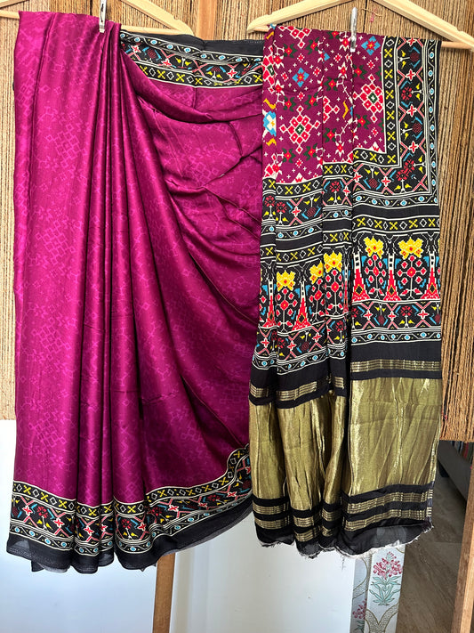 MAGENTA PURPLE MODAL SILK PATOLA PRINT SARI WITH ZARI BORDER