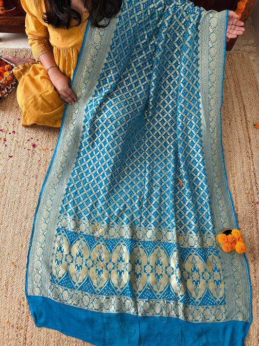 Azure blue Handwoven NeemZari Bareek Bandhani in Khaddi Georgette dupatta BD-1016