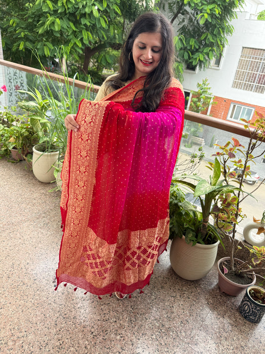 Deep pink & Red Ombie Handwoven NeemZari Bareek Bandhani in Khaddi Premium Georgette dupatta