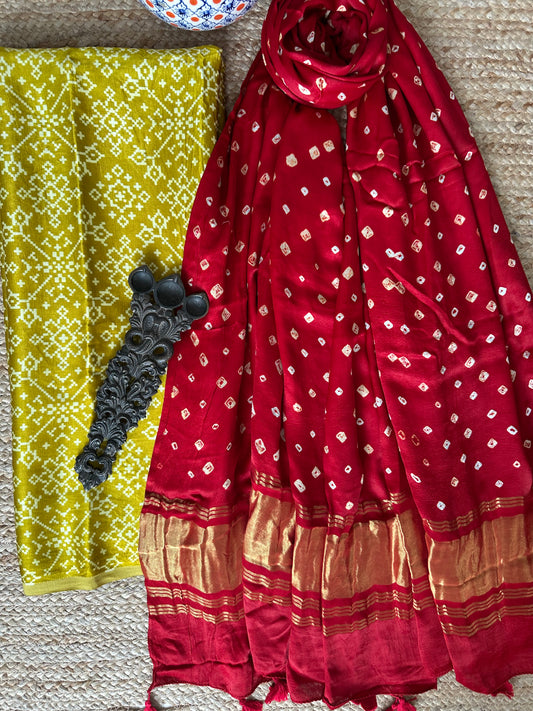MUSTARD PATOLA MASHRU SILK KURTA WITH BANDHANI HANDCRAFTED  MODAL SILK DUPATTAS PS- 10182