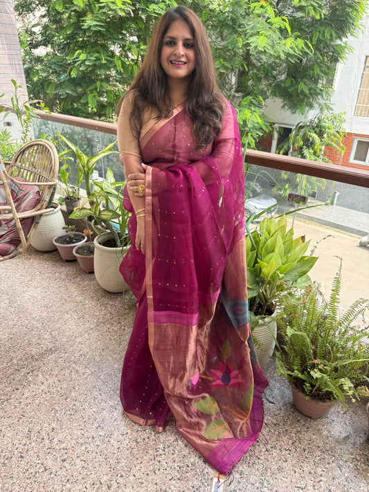 Orchid Purple Jamdani sequence work handwoven pure muslin silk sari With Matka Silk Blouse Piece
