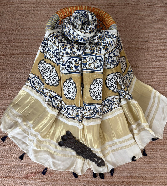 Beige ajrakh silk zari woven dupatta
