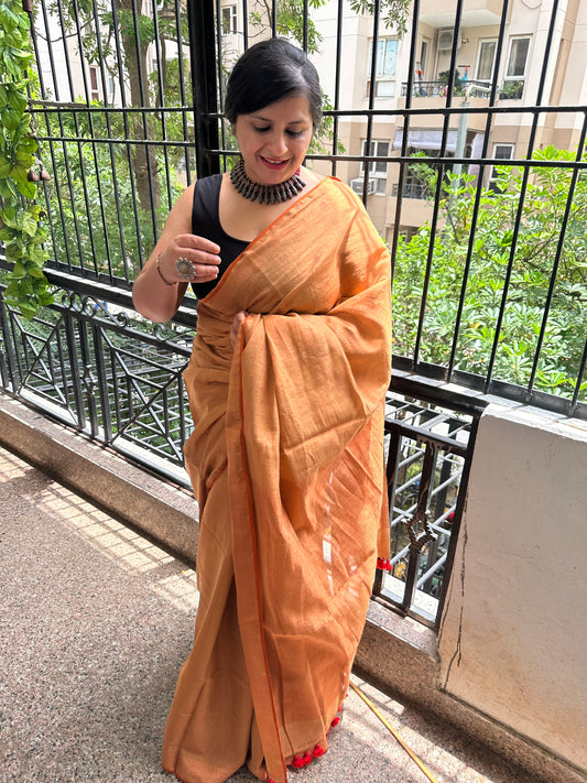 COPPER GOLDEN TISSUE LINEN ZARI SARI WITH WOVEN RED BORDER TL-27