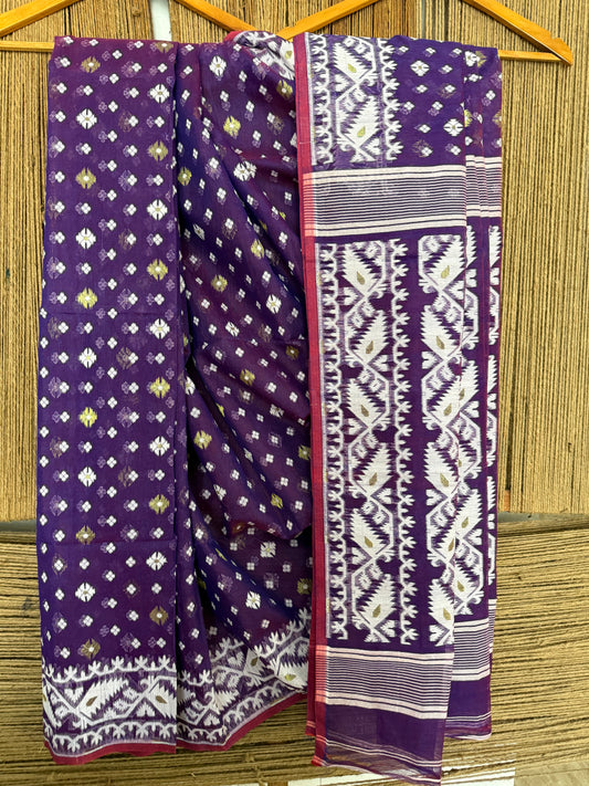 PURPLE HAND WOVEN BEAUTIFUL BENGAL COTTON JAMDANI SARI WITH BLOUSE