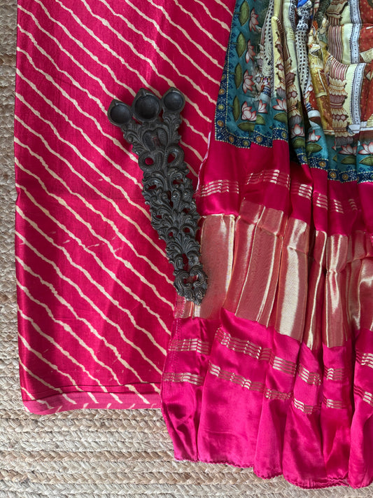 Pink three dot mashru silk kurta with  patola pichwai handcrafted modalsilk dupatta