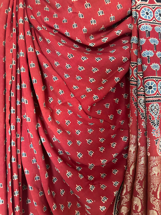 RED DOLA  SILK AJRAKH ZARI BORDER SARI