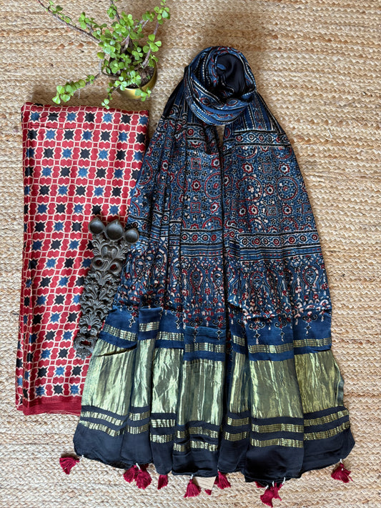 MAROON AJRAKH PRINTED MASHRU SILK KURTA WITH AJRAKH  HANDCRAFTED MODAL SILK DUPATTA  ps-233