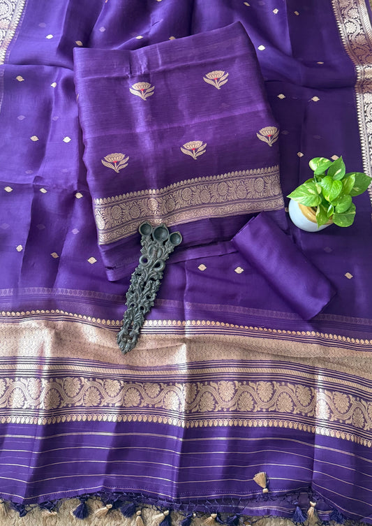 Eminence Purple Linen  handloom banarsi kadwa booti meenakari three piece suit