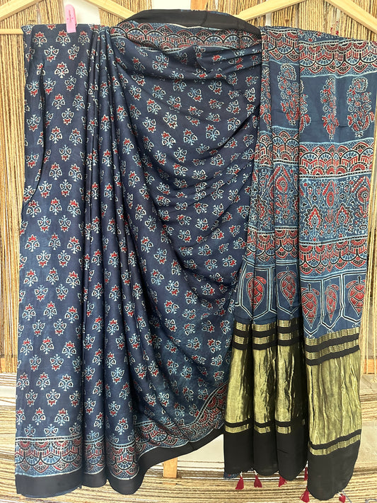 INDIGO AJRAKH MODAL SILK SARI WITH ZARI BORDER