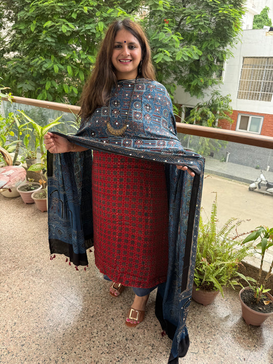 Maroon Ajrakh Modal Silk Handcrafted Kurta With Blue Ajrakh Handcrafted Mirror Work Modal Silk Dupatta