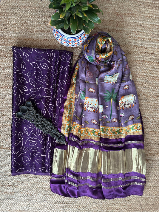 PURPLE RAI BANDHANI MASHRU SILK KURTA WITH PATOLA HANDCRAFTED MODAL SILK DUPATTA PS-10144