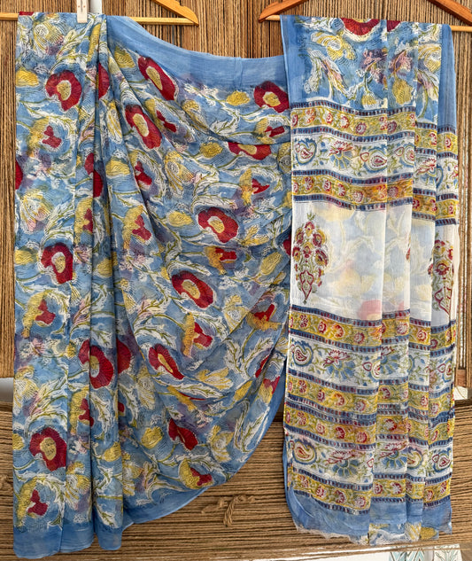 Dusty Sky Blue Georgette doria handblock sari