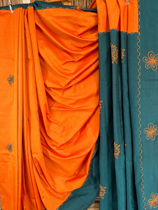 BEAUTIFUL BROWN & TEAL COLOURS SILK COTTON SAREE