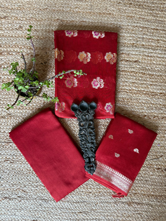 Ruby Red Chanderi handloom Banarsi Booti three piece suit