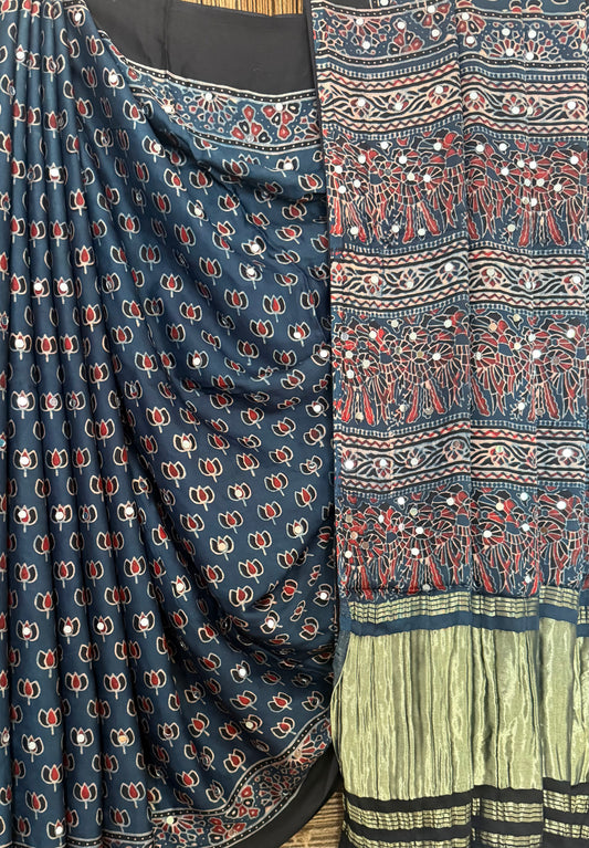 MIDNIGHT BLUE AJRAKH HANDCRAFTED MIRROR WORK MODAL SILK SARI WITH ZARI PALLU