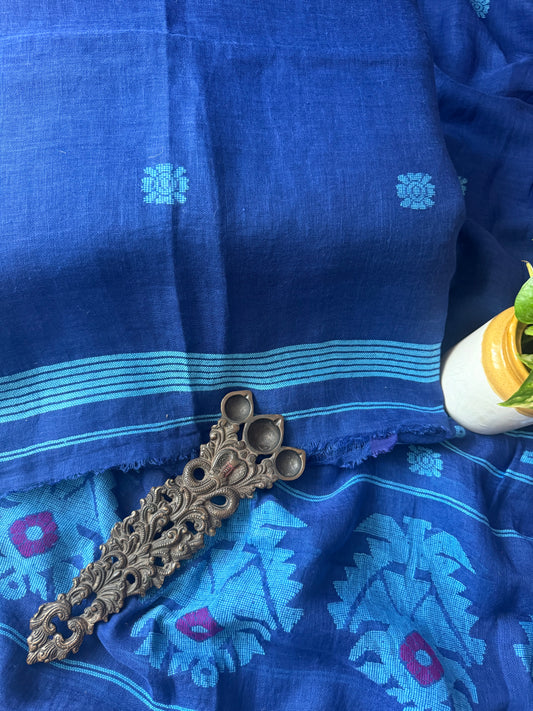 ROYAL SAPPHIRE BLUE PURE JAYSHREE  LINEN JAMDANI HANDWOVEN KURTA SET