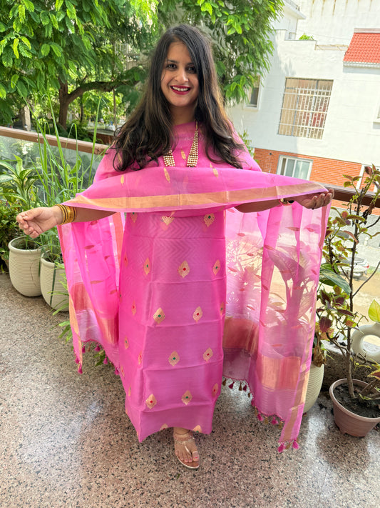 Taffy Pink Kora silk certified handloom Banarsi kadwa Booti Meenakari three piece suit