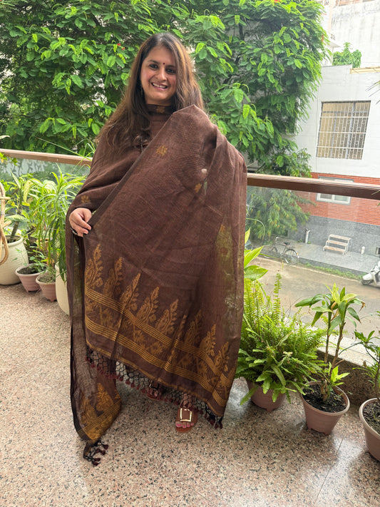 MOCHA BROWN LINEN ZARI JAMDANI HANDWOVEN KURTA SET