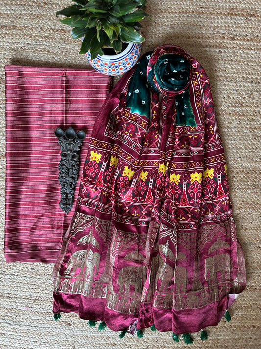MAROON MASHRU KURTA WITH BANDHANI PATOLA HANDCRAFTED  MODAL SILK DUPATTAS PS- 1042
