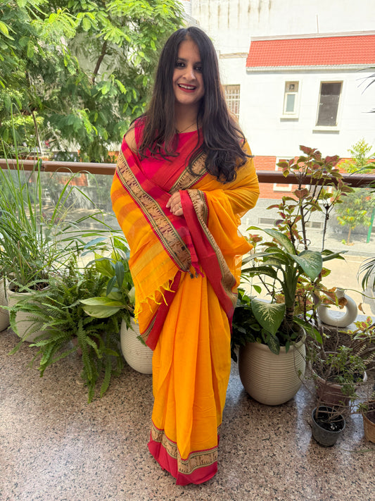 MANGO YELLOW TRADITIONAL NARAYANPET  COTTON SAREE WITH ELEPHANT BORDER SARI