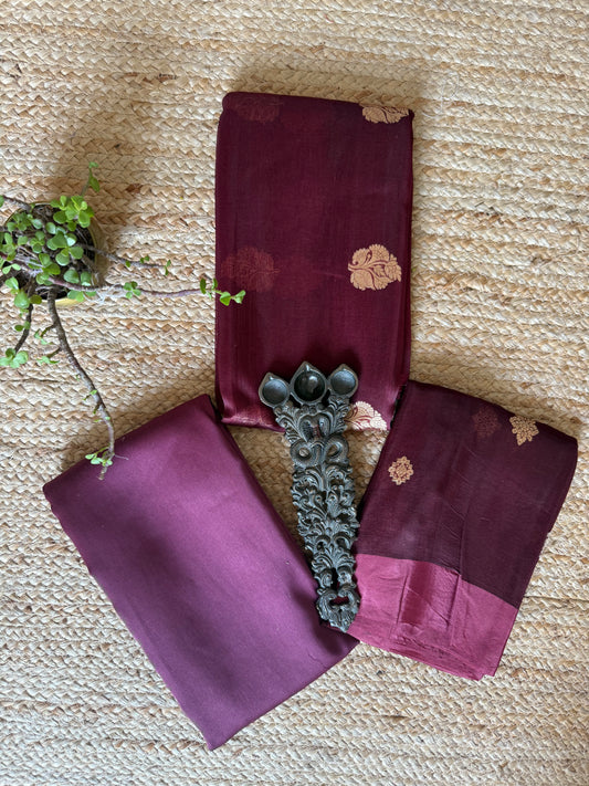 Brunt Maroon Kora silk certified handloom Banarsi kadwa Booti three piece suit
