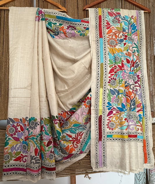 NATURAL BEIGE WITH MULTI THREAD HAND EMBROIDERY KANTHA WORK TUSSAR SILK SARI