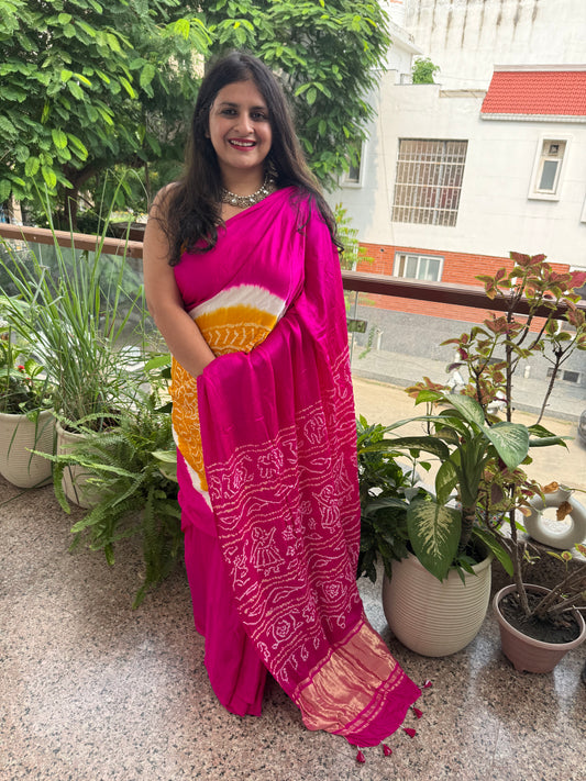 PINK & YELLOW GAJJI SILK RAI BANDHANI CHAKRA THEME GAJJI SARI  BS- 205