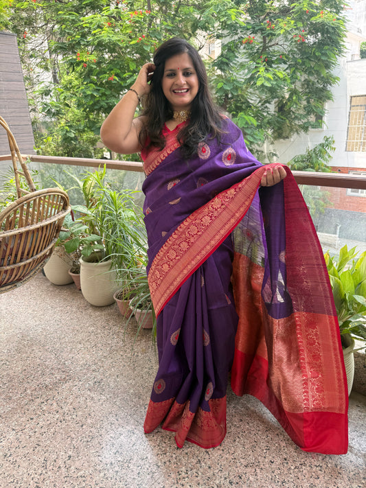 Indigo Purple Tussar  Silk Certified  Handloom Banarsi sari With Woven Zari