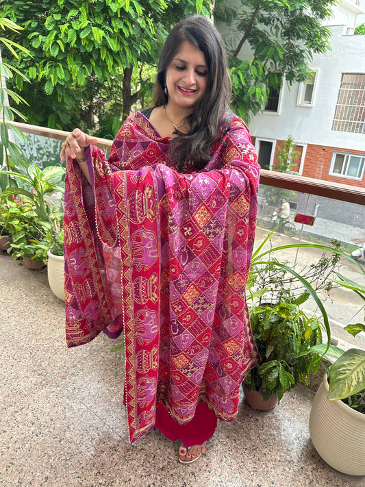 RANI PINK MODAL SILK KURTA WITH VINTAGE HANDCRAFTED HEAVY EMBROIDERY GEORGETTE DUPATTA VKS-1