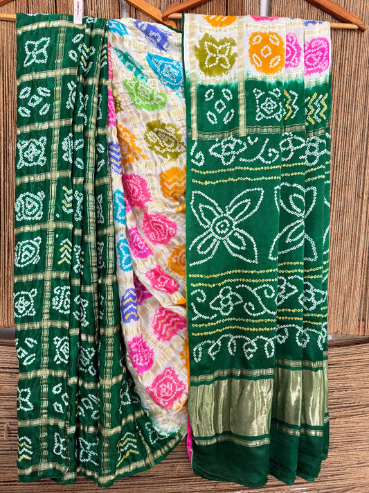 GREEN & MULTI COLOUR GAJJI SILK GHARCHOLA RAI BANDHANI GAJJI SARI  BS- 2013
