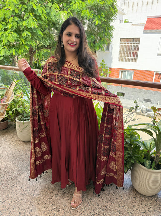 MAROON MODAL SILK SUIT WITH AJRAKH  GHARCHOLA HANDCRAFTED MODAL SILK DUPATTA  -222