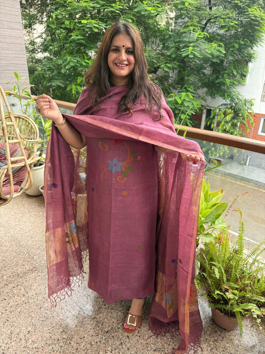 Rosewood Mauve jamdani linen  kurta set