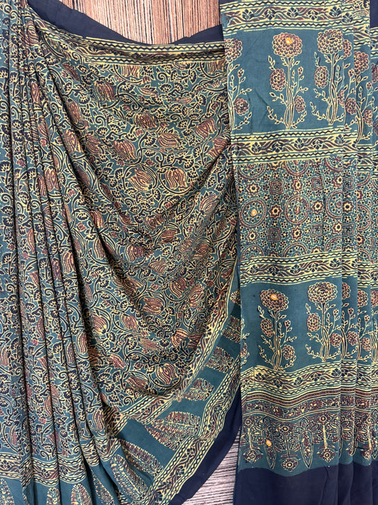 Green mull cotton  ajrakh hand crafted sari