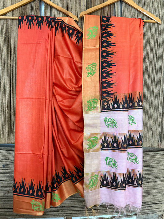 BEAUTIFUL ORANGE PINK HANDBLOCK PRINTED SARI IN SEMI TUSSAR WITH BLOUSE