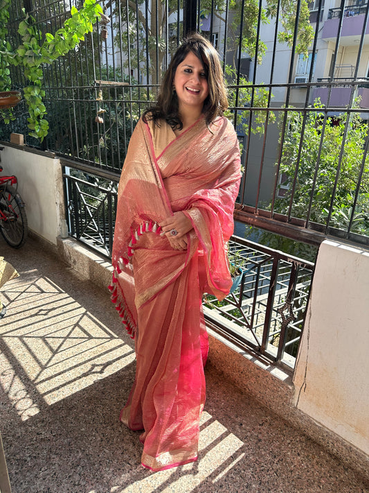 ROSE PINK  BANARASI ZARI CRUSHED TISSUE SARI