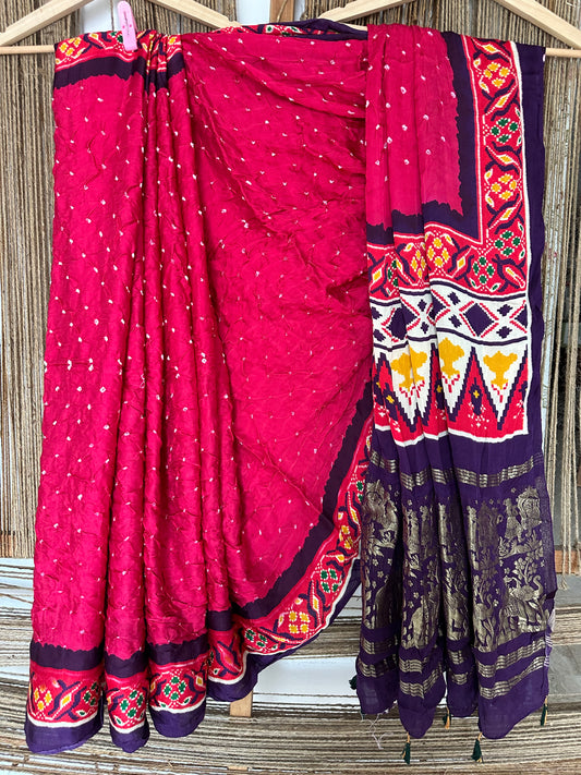 PINK PURPLE MODAL SILK BANDHANI  SARI WITH PATOLA PRINT