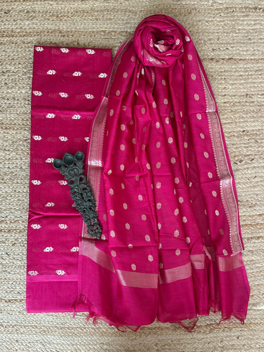 Raspberry Pink Chanderi handloom  banarsi booti three piece suit