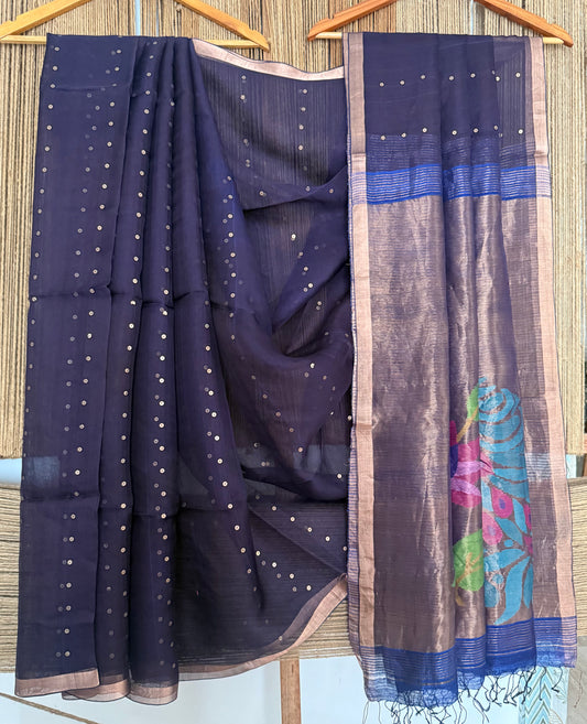 Deep Navy Blue Jamdani sequence work handwoven pure muslin silk sari With Matka Silk Blouse Piece