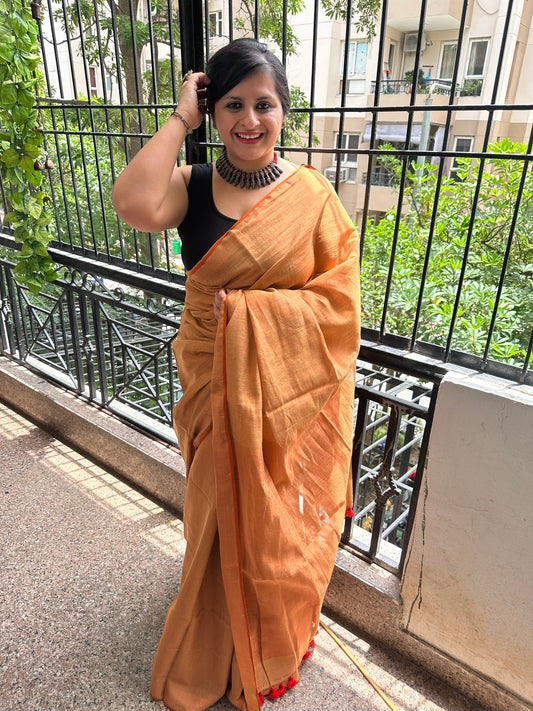 COPPER GOLDEN TISSUE LINEN ZARI SARI WITH WOVEN RED BORDER TL-27