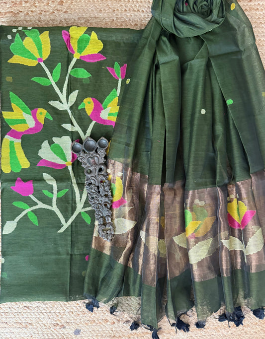 Army Green handwoven jamdani pure cotton silk kurta set mjk