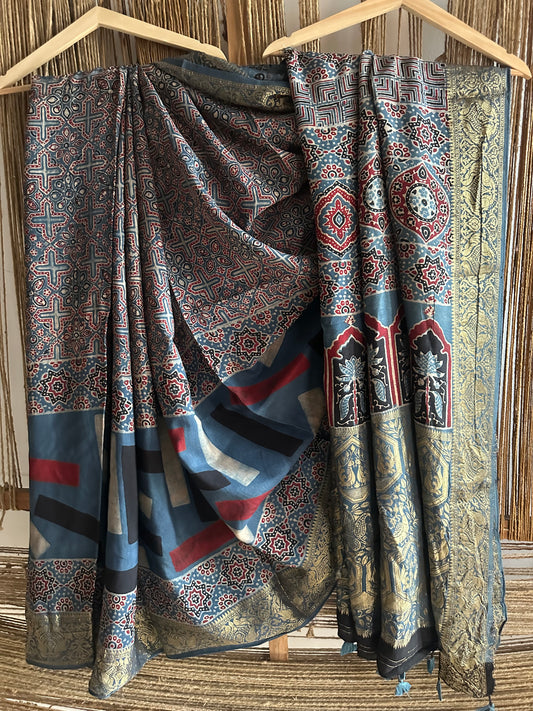 INDIGO BLACK DOLA  SILK AJRAKH ZARI BORDER SARI